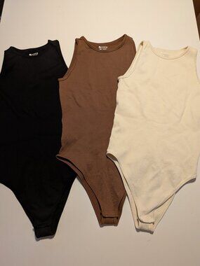 GOQQ Ribbed Bodysuit Bundle 3 Womens M Sleeveless Stretch Black Brown Cream